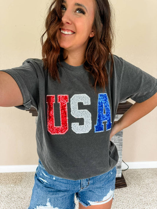 USA Sequin Embroidered T Shirt