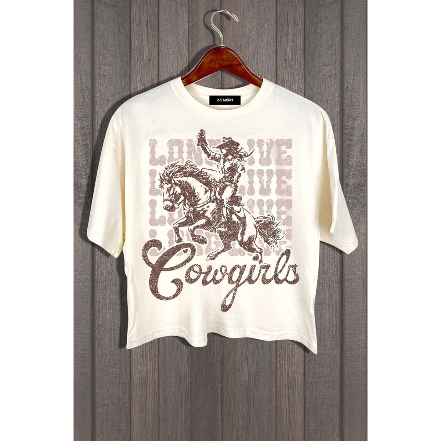 White t-shirt with 'Lone Live Cowgirls' graphic.