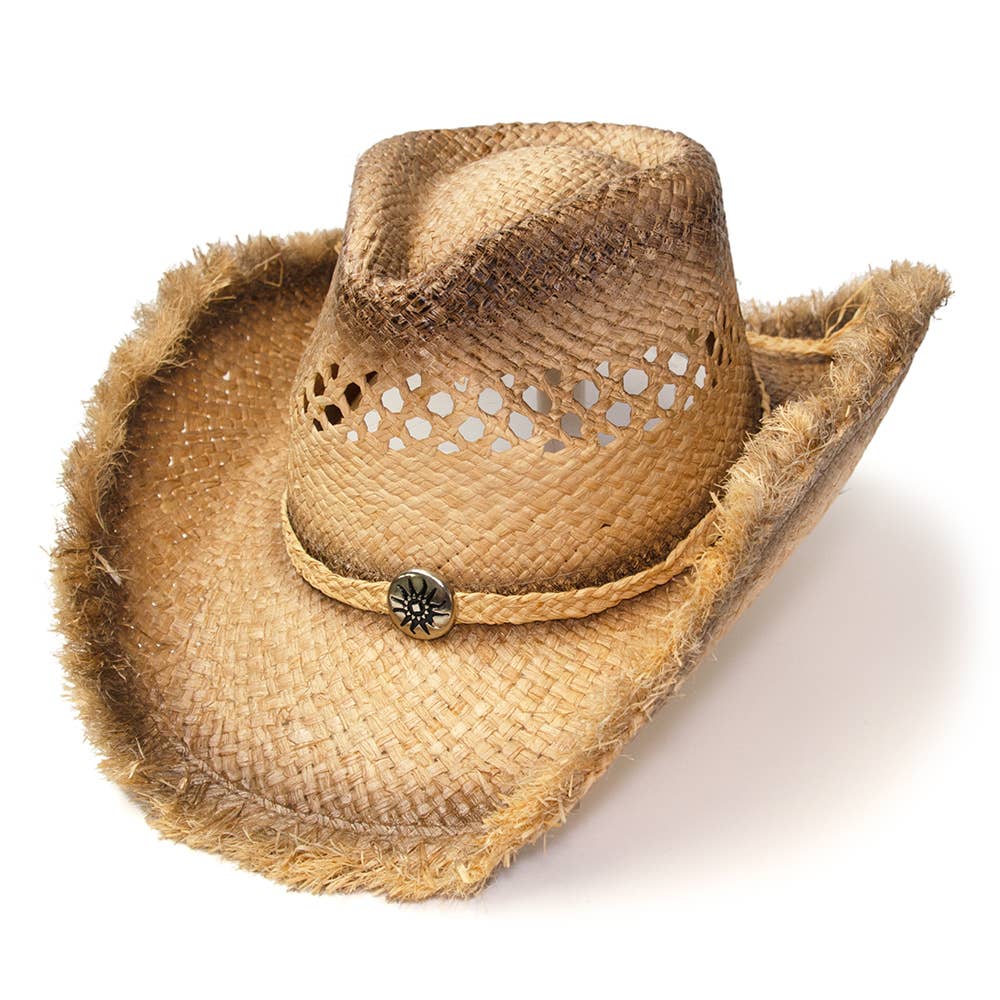 Raffia Straw Western Pinch Front Hat with Frayed Edge