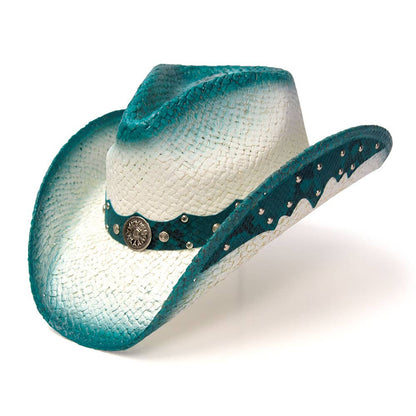 Straw Western Hat with Turquoise Trim & Concho Band