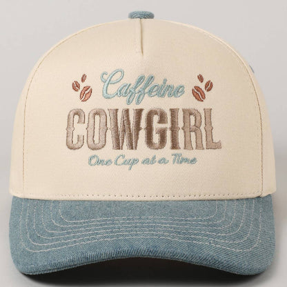 Caffeine Cowgirl One Cup At A Time Lettering Embroidery Cap
