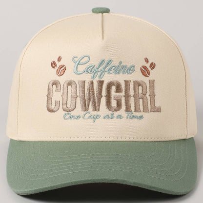 Caffeine Cowgirl One Cup At A Time Lettering Embroidery Cap