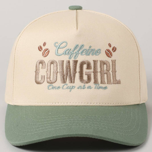 Caffeine Cowgirl One Cup At A Time Lettering Embroidery Cap