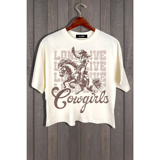White t-shirt with 'Lone Live Cowgirls' graphic.