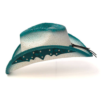 Straw Western Hat with Turquoise Trim & Concho Band
