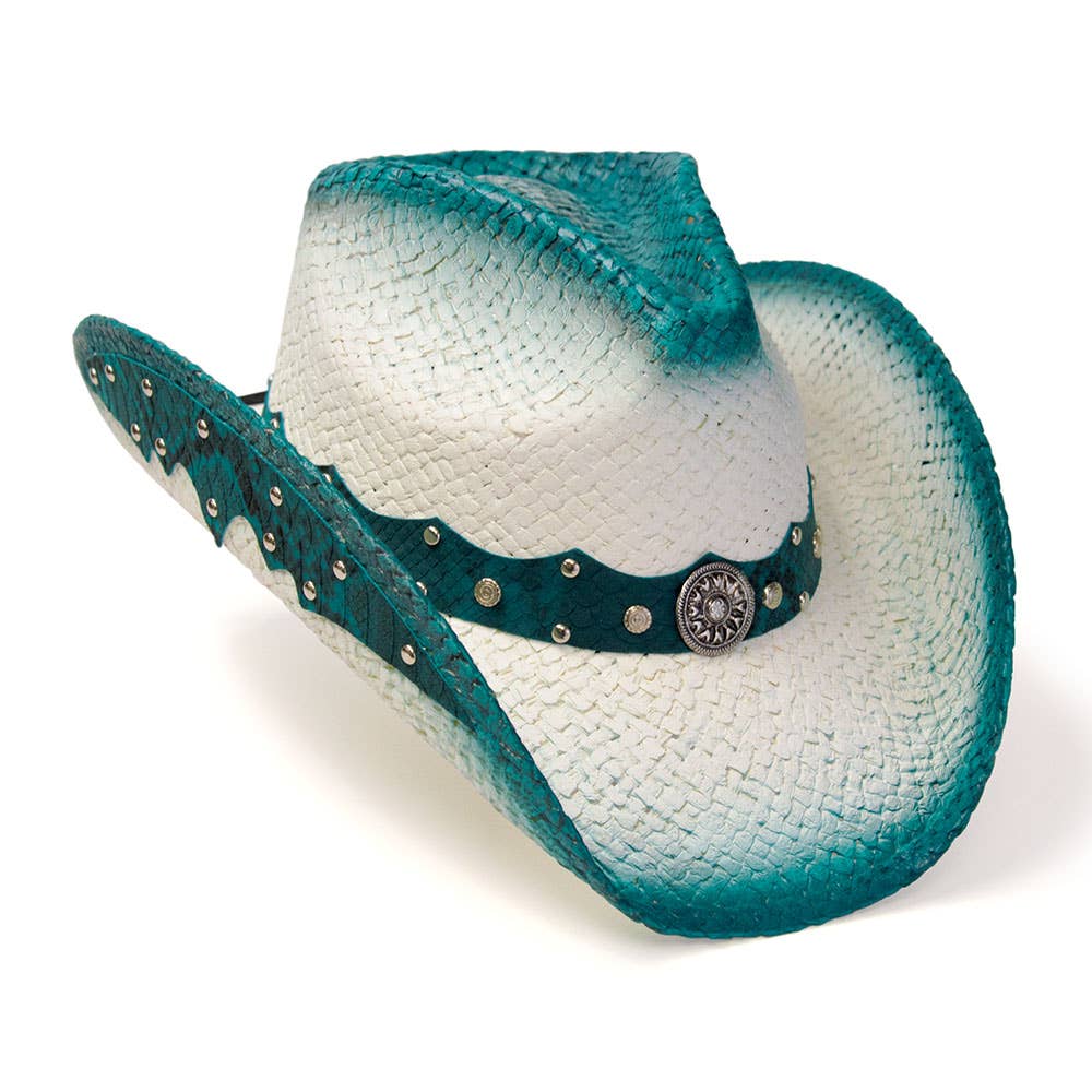 Straw Western Hat with Turquoise Trim & Concho Band