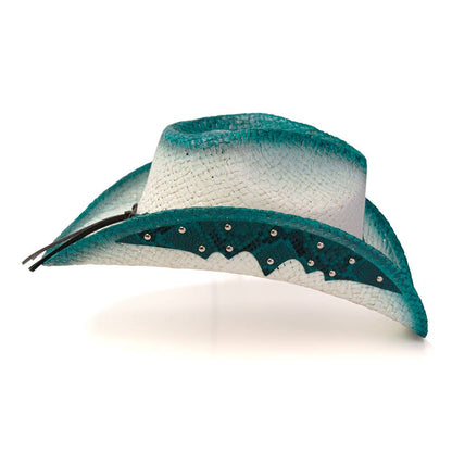 Straw Western Hat with Turquoise Trim & Concho Band