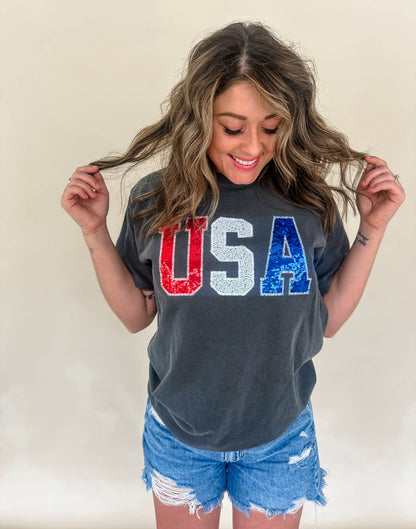 USA Sequin Embroidered T Shirt 