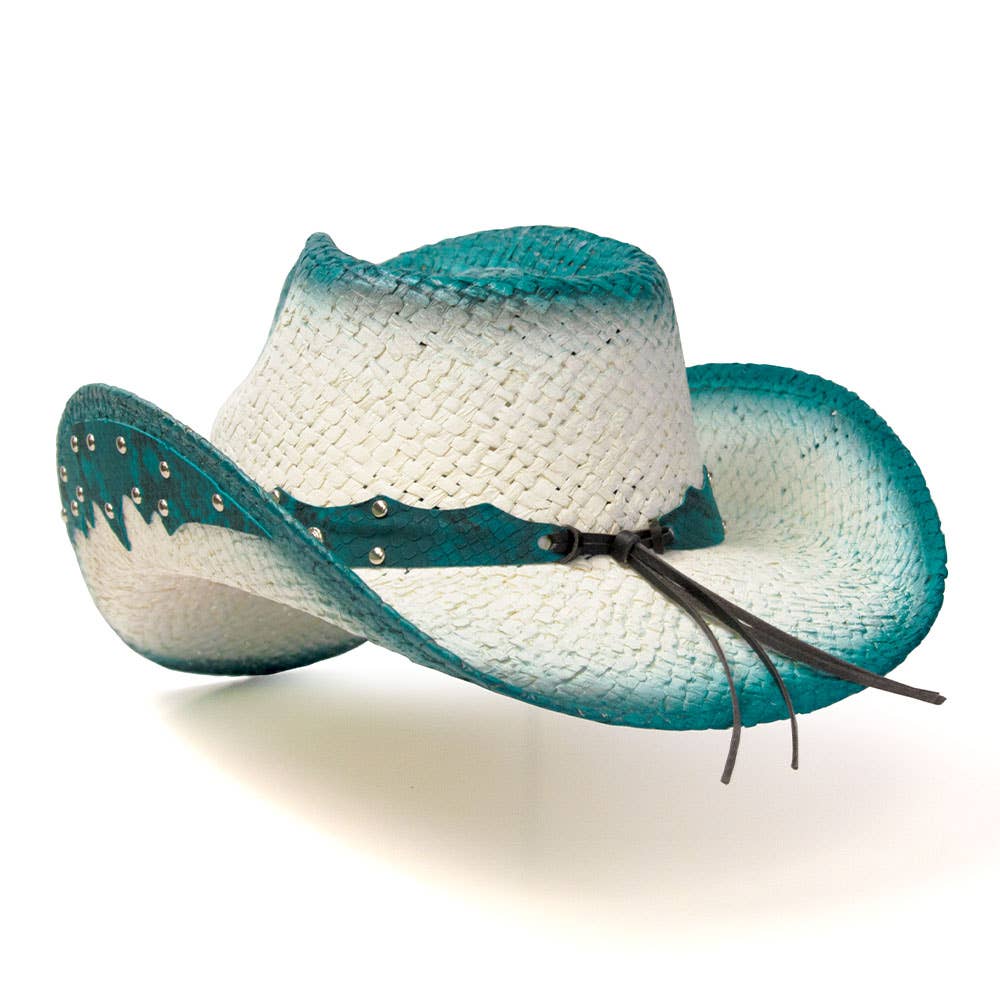 Straw Western Hat with Turquoise Trim & Concho Band