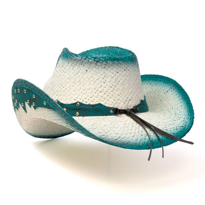 Straw Western Hat with Turquoise Trim & Concho Band