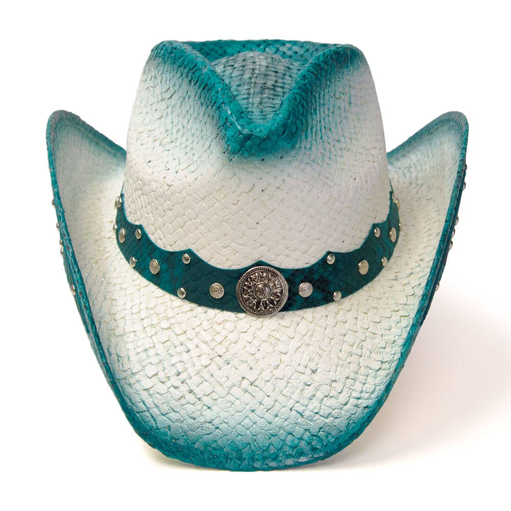 Straw Western Hat with Turquoise Trim & Concho Band